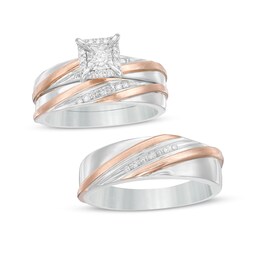 1/6 CT. T.W. Diamond Square Frame Slant Trio Wedding Ensemble in Sterling Silver and 10K Rose Gold