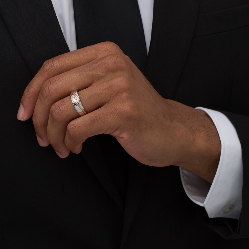 1/6 CT. T.W. Diamond Square Frame Slant Trio Wedding Ensemble in Sterling Silver and 10K Rose Gold