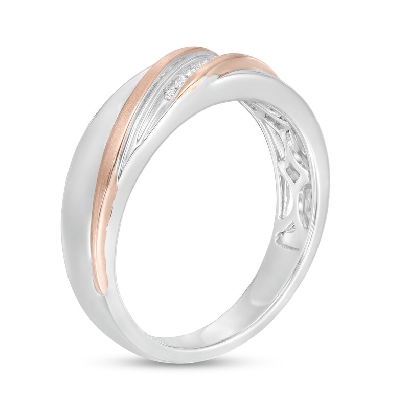 1/6 CT. T.W. Diamond Square Frame Slant Trio Wedding Ensemble in Sterling Silver and 10K Rose Gold