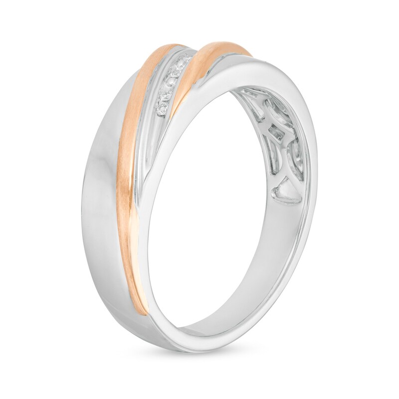 1/6 CT. T.W. Diamond Square Frame Slant Trio Wedding Ensemble in Sterling Silver and 10K Rose Gold