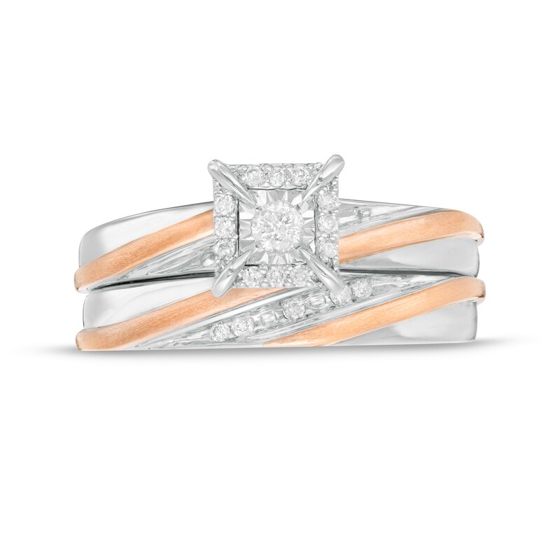 1/6 CT. T.W. Diamond Square Frame Slant Trio Wedding Ensemble in Sterling Silver and 10K Rose Gold