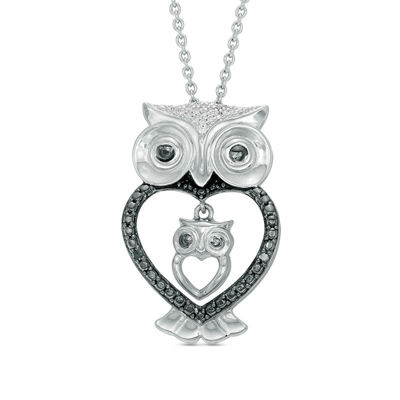 1/20 CT. T.W. Enhanced Black and White Diamond Owl Motherly Love Pendant in Sterling Silver