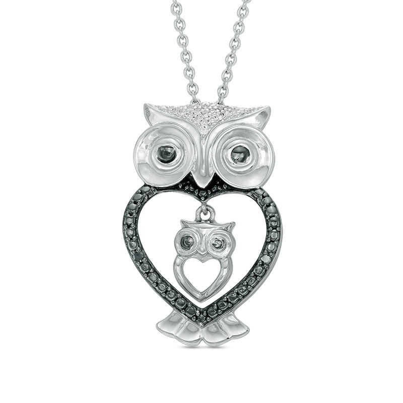 Main Image 1 of 1/20 CT. T.W. Enhanced Black and White Diamond Owl Motherly Love Pendant in Sterling Silver