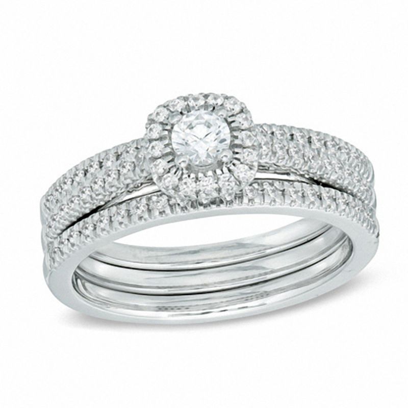 Main Image 1 of 1/2 CT. T.W. Diamond Frame Three Piece Bridal Set in 14K White Gold