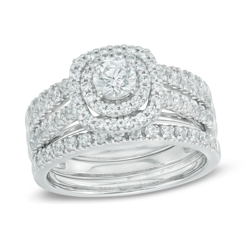 1-1/5 CT. T.W. Diamond Frame Three Piece Bridal Set in 14K White Gold