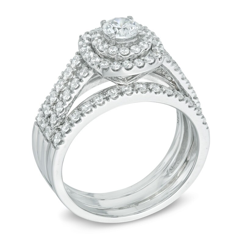 1-1/5 CT. T.W. Diamond Frame Three Piece Bridal Set in 14K White Gold