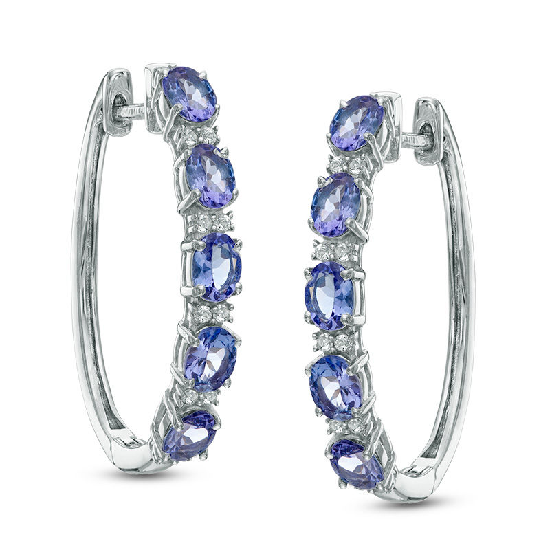 Main Image 1 of Oval Tanzanite and White Topaz Five Stone Hoop Earrings in Sterling Silver