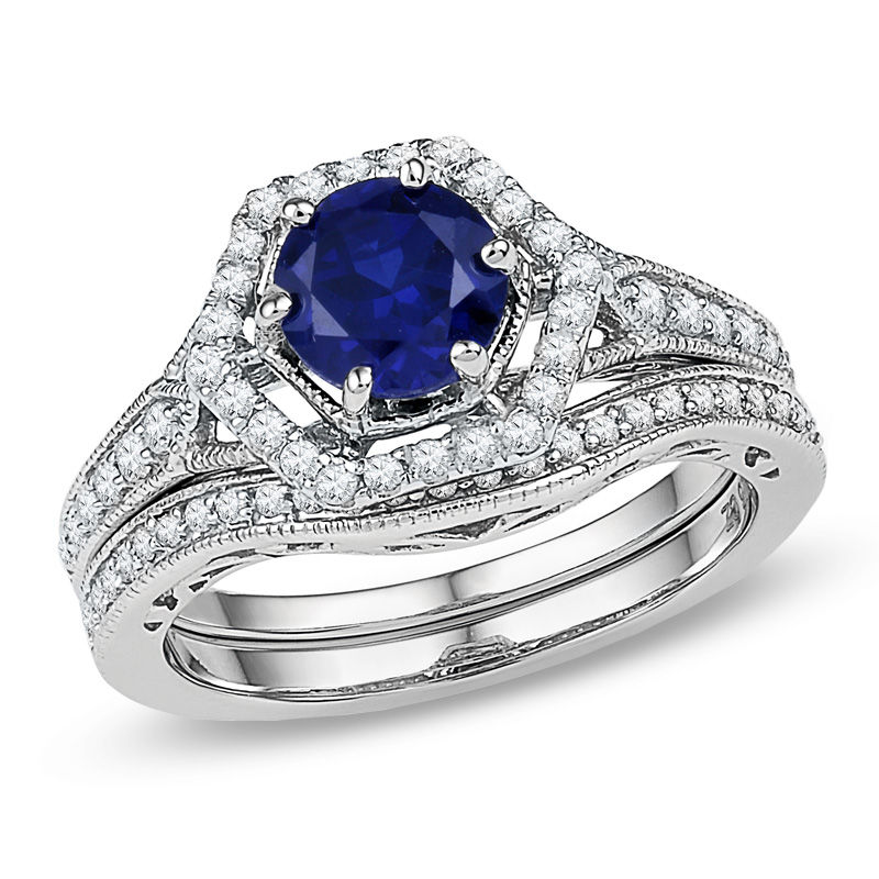 7.0mm Lab-Created Blue Sapphire and 3/8 CT. T.W. Diamond Bridal Set in 10K White Gold