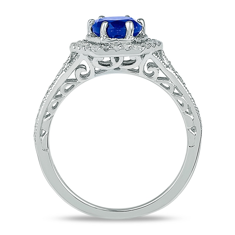 Main Image 3 of 7.0mm Lab-Created Blue Sapphire and 3/8 CT. T.W. Diamond Bridal Set in 10K White Gold