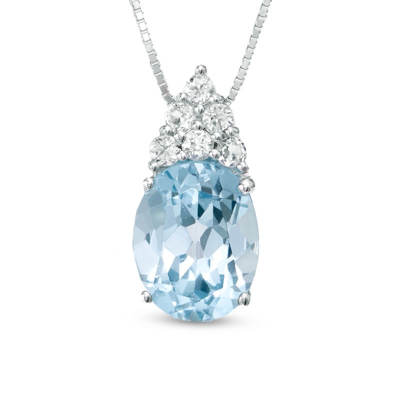 Main Image 1 of Oval Blue Topaz Drop Pendant in Sterling Silver with White Topaz Accents