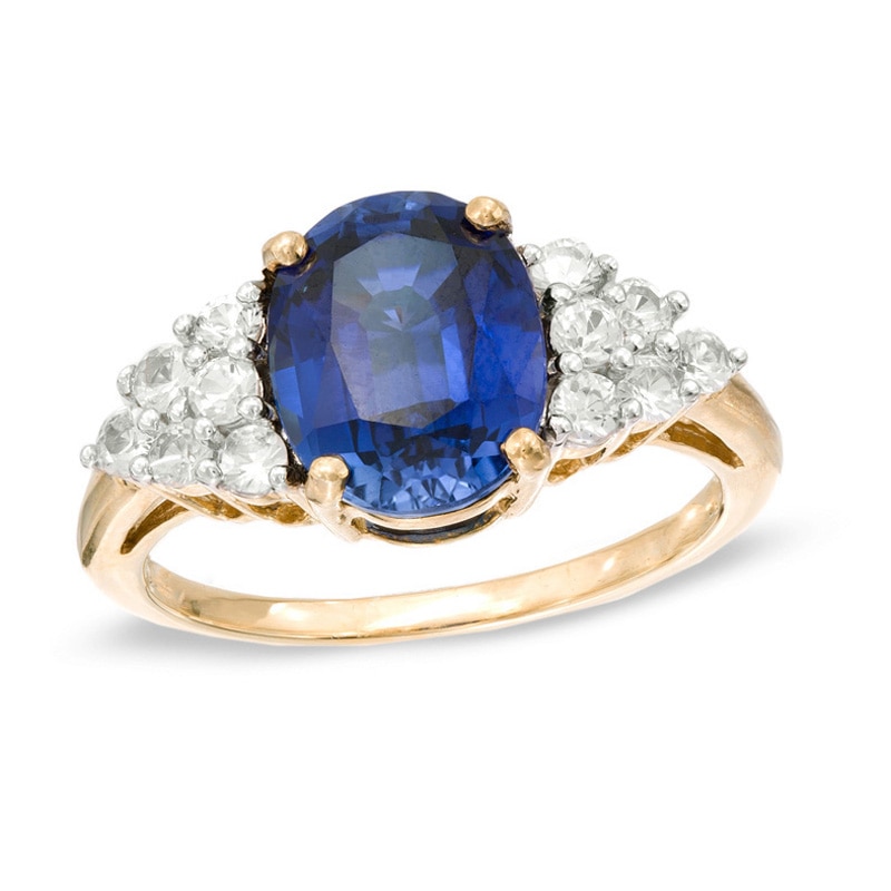 Oval Lab-Created Ceylon Sapphire Ring in Sterling Silver and 14K Gold Plate with White Topaz Accents