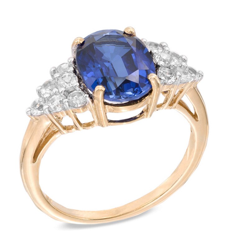 Main Image 2 of Oval Lab-Created Ceylon Sapphire Ring in Sterling Silver and 14K Gold Plate with White Topaz Accents