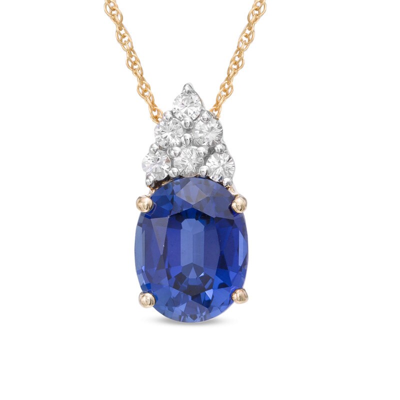 Main Image 1 of Oval Lab-Created Ceylon Sapphire Drop Pendant in Sterling Silver and 14K Gold Plate with White Topaz Accents