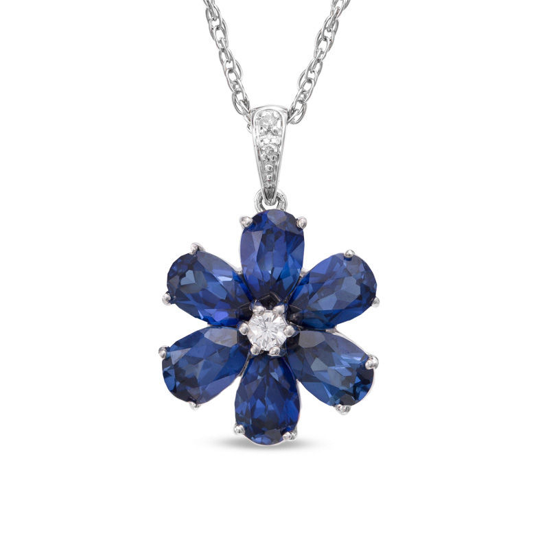 Lab-Created Ceylon and White Sapphire Flower Pendant in Sterling Silver with Diamond Accents