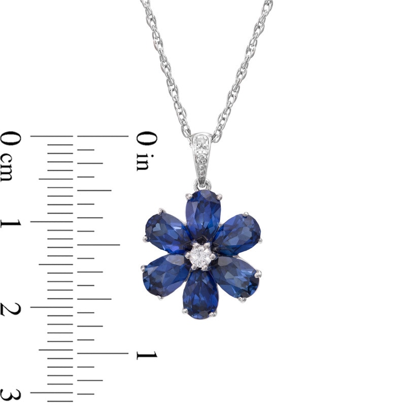 Lab-Created Ceylon and White Sapphire Flower Pendant in Sterling Silver with Diamond Accents