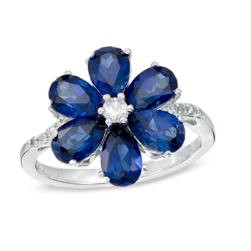 Main Image 1 of Lab-Created Ceylon and White Sapphire Flower Ring in Sterling Silver with Diamond Accents