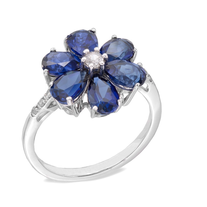Main Image 2 of Lab-Created Ceylon and White Sapphire Flower Ring in Sterling Silver with Diamond Accents