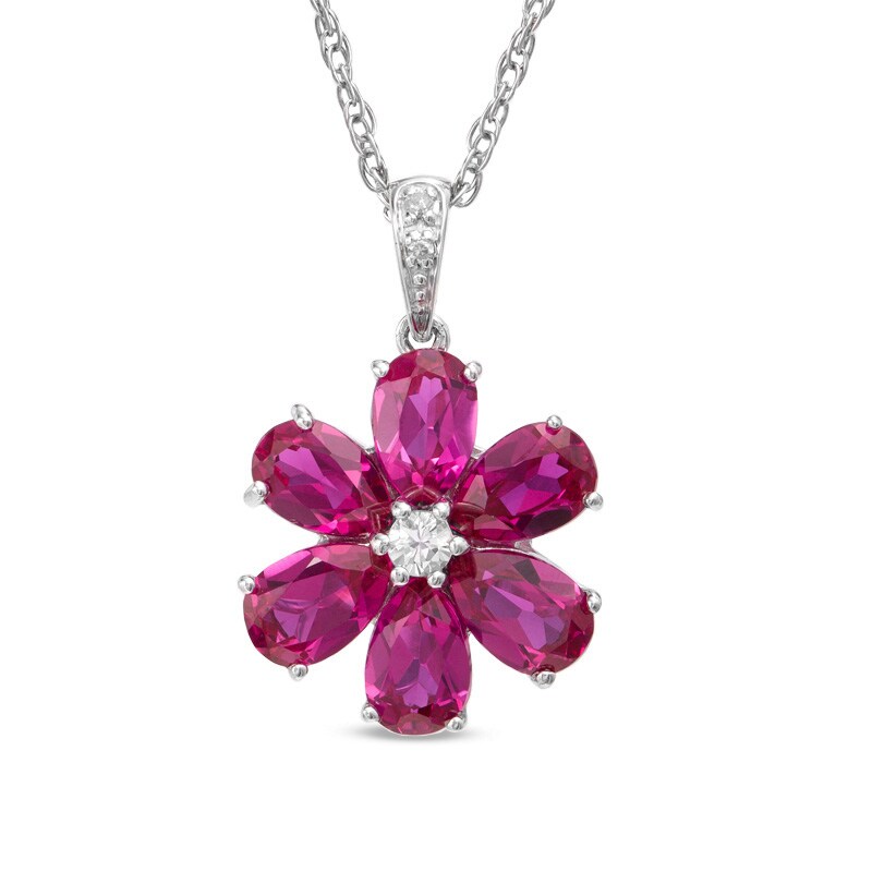 Main Image 1 of Lab-Created Ruby Flower Pendant in Sterling Silver with Lab-Created White Sapphire and Diamond Accents
