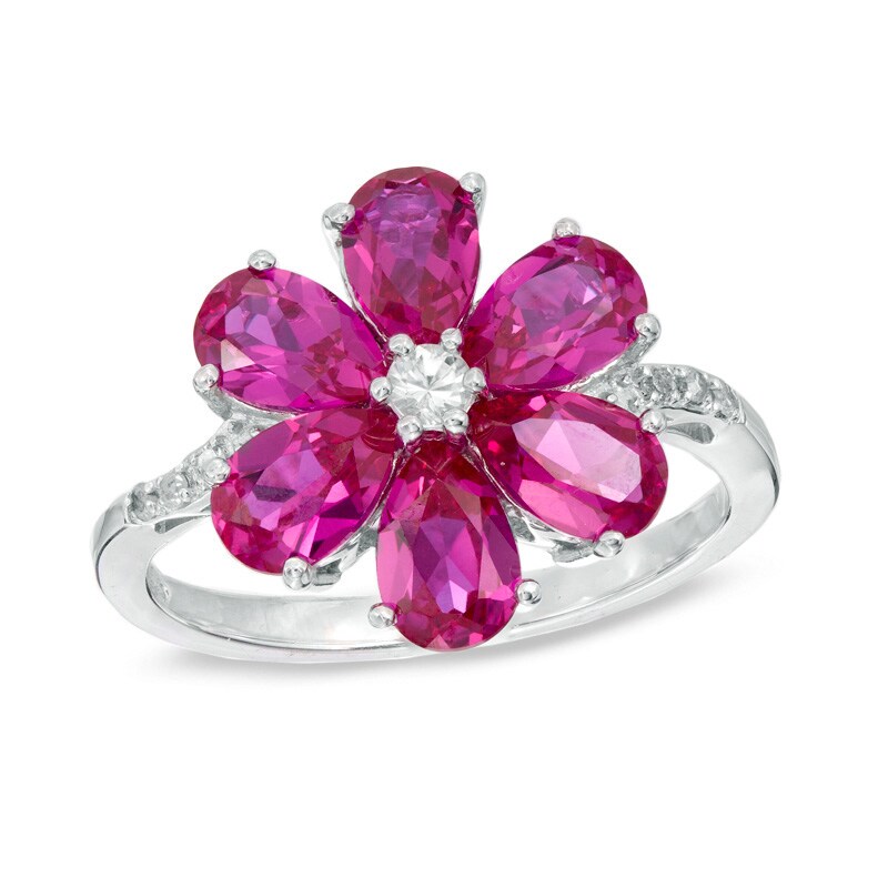 Main Image 1 of Lab-Created Ruby Flower Ring in Sterling Silver with Lab-Created White Sapphire and Diamond Accents