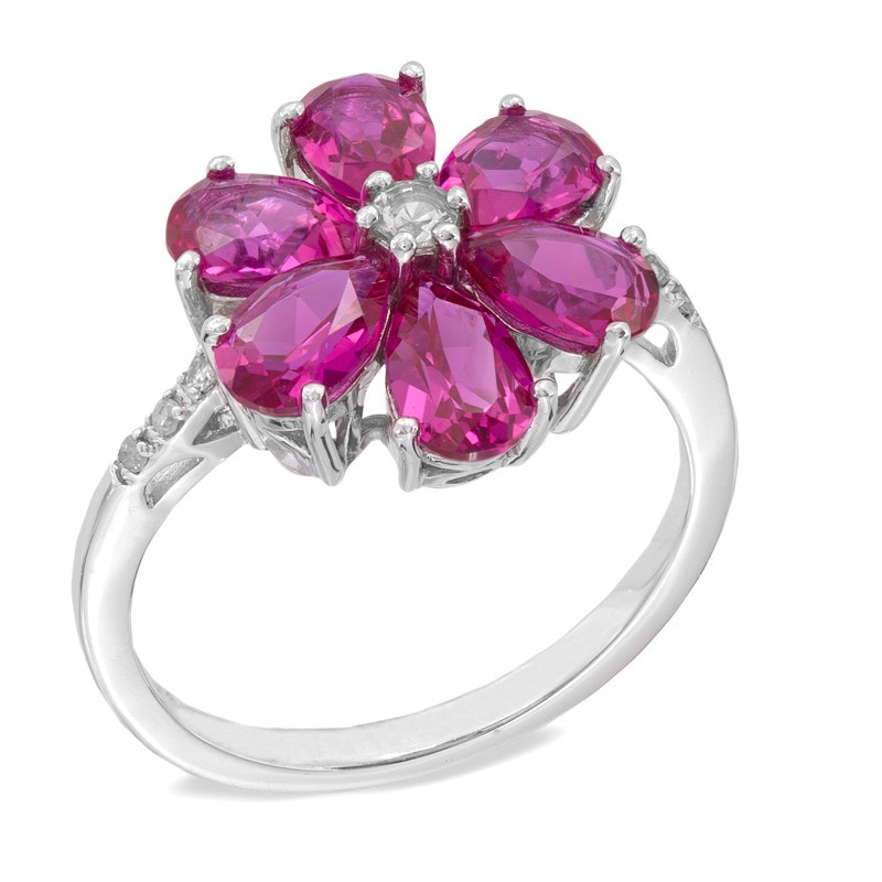 Main Image 2 of Lab-Created Ruby Flower Ring in Sterling Silver with Lab-Created White Sapphire and Diamond Accents
