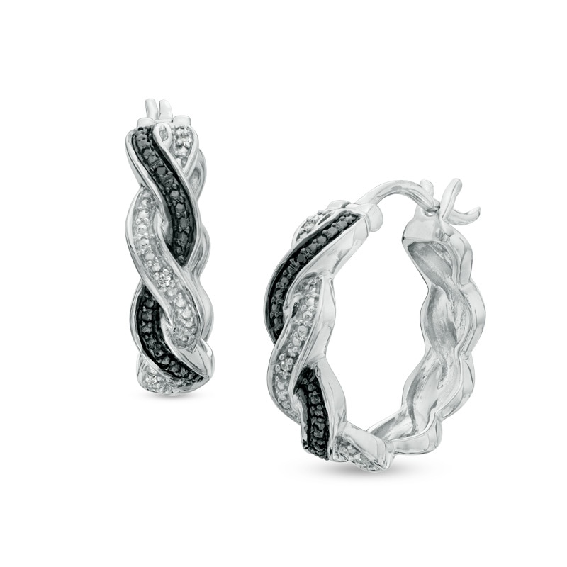 Enhanced Black and White Diamond Accent Braid Hoop Earrings in Sterling Silver