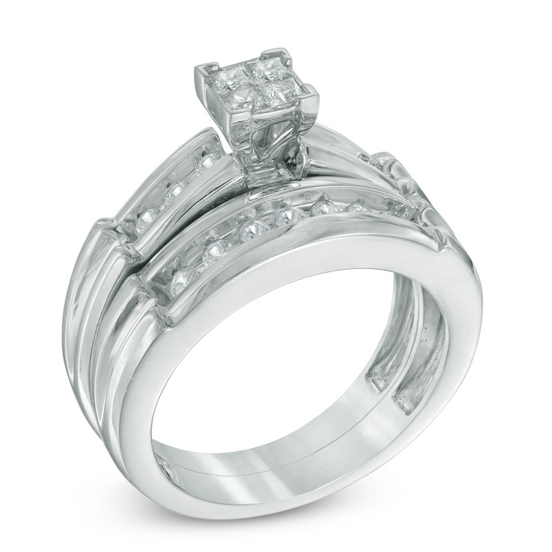 Main Image 2 of 3/4 CT. T.W. Quad Princess-Cut Diamond Trio Bridal Set in 14K White Gold - Size 7 and 10