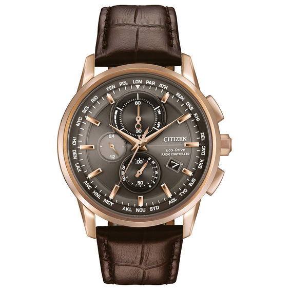 Men's Citizen Eco DriveÂ® World Chronograph A T Rose Tone Strap Watch With Brown Dial (model: At8113 04h)