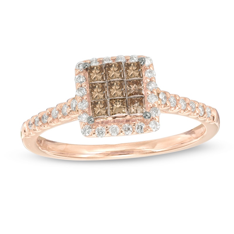 Main Image 1 of 1/2 CT. T.W. Champagne and White Diamond Square Cluster Frame Ring in 10K Rose Gold