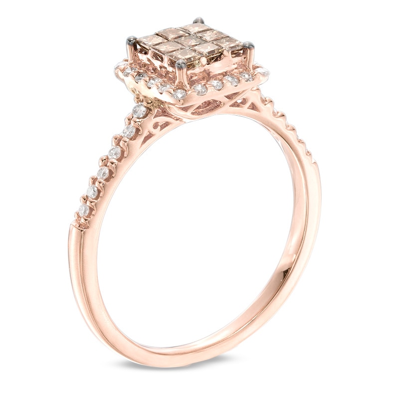 Main Image 2 of 1/2 CT. T.W. Champagne and White Diamond Square Cluster Frame Ring in 10K Rose Gold