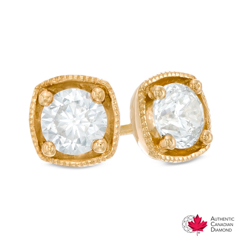 Main Image 1 of 1/2 CT. T.W. Certified Canadian Diamond Cushion Frame Solitaire Stud Earrings in 14K Gold (I/I2)