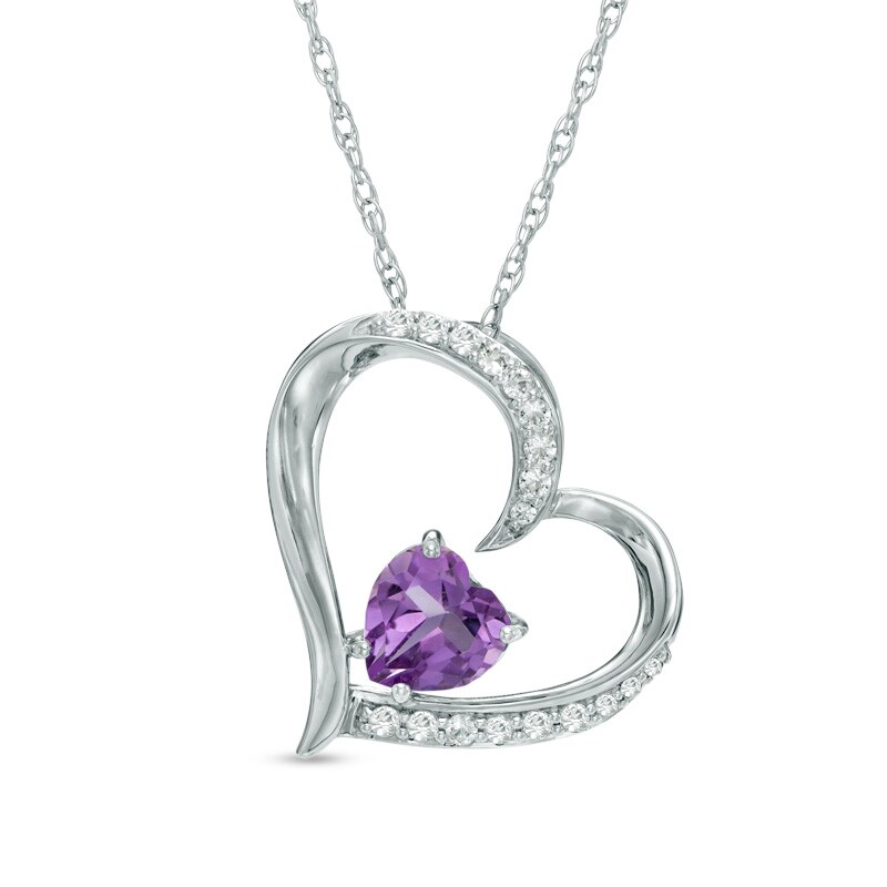 Main Image 1 of 6.0mm Heart-Shaped Amethyst and Lab-Created White Sapphire Tilted Heart Pendant in Sterling Silver