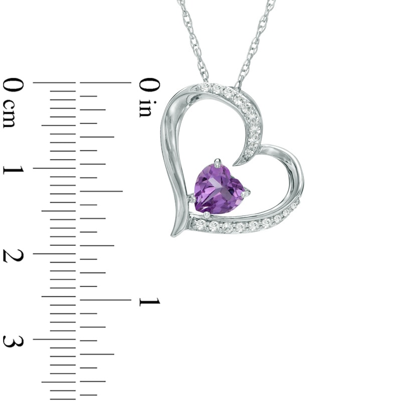 Main Image 2 of 6.0mm Heart-Shaped Amethyst and Lab-Created White Sapphire Tilted Heart Pendant in Sterling Silver