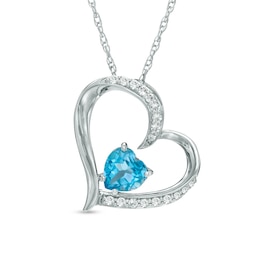 6.0mm Heart-Shaped Swiss Blue Topaz and Lab-Created White Sapphire Tilted Heart Pendant in Sterling Silver