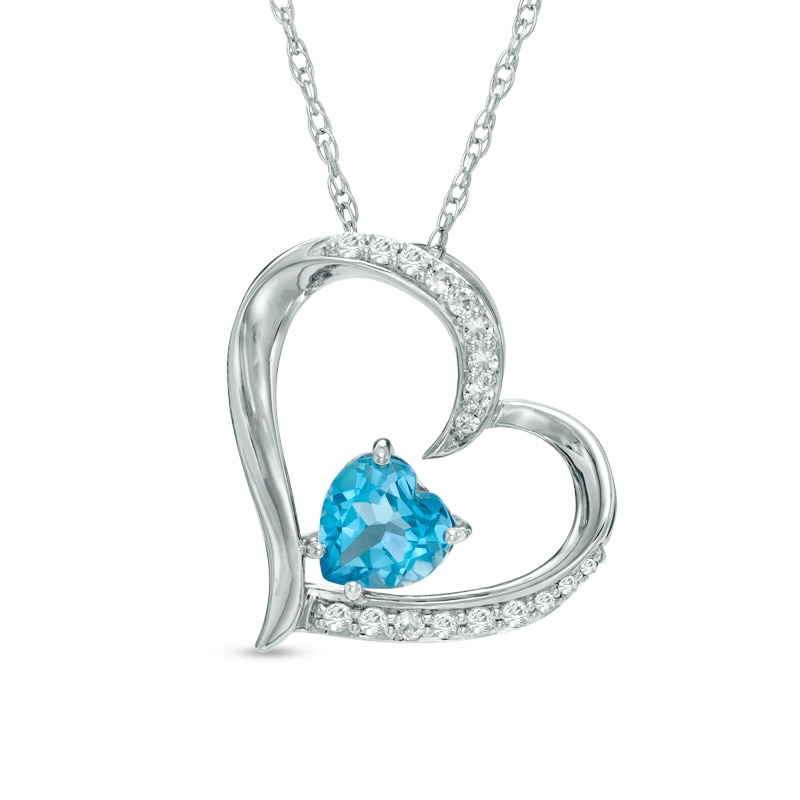 Main Image 1 of 6.0mm Heart-Shaped Swiss Blue Topaz and Lab-Created White Sapphire Tilted Heart Pendant in Sterling Silver