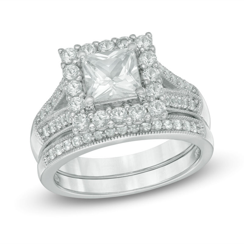 Main Image 1 of 6.0mm Princess-Cut Lab-Created White Sapphire Frame Bridal Set in Sterling Silver