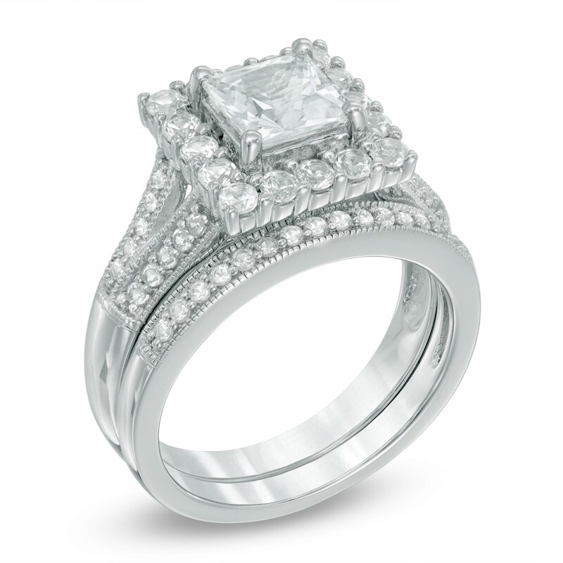 Main Image 2 of 6.0mm Princess-Cut Lab-Created White Sapphire Frame Bridal Set in Sterling Silver