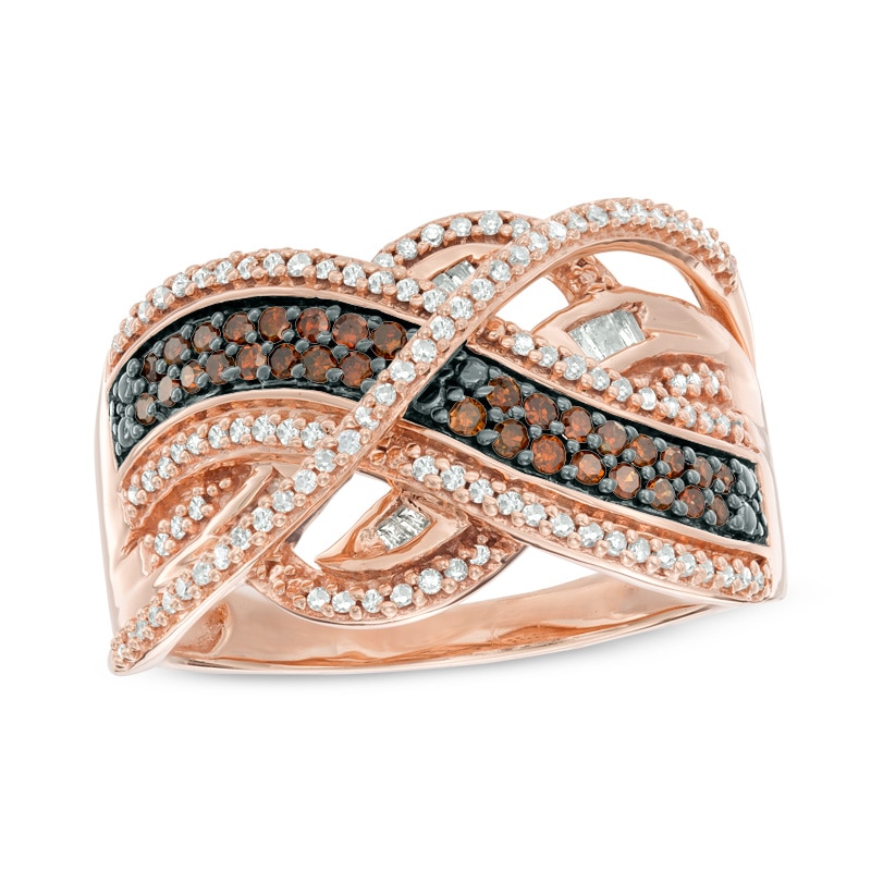 1/2 CT. T.W. Enhanced Cognac and White Diamond Layered Crossover Band in 10K Rose Gold
