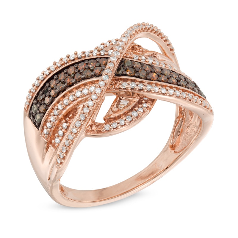 1/2 CT. T.W. Enhanced Cognac and White Diamond Layered Crossover Band in 10K Rose Gold