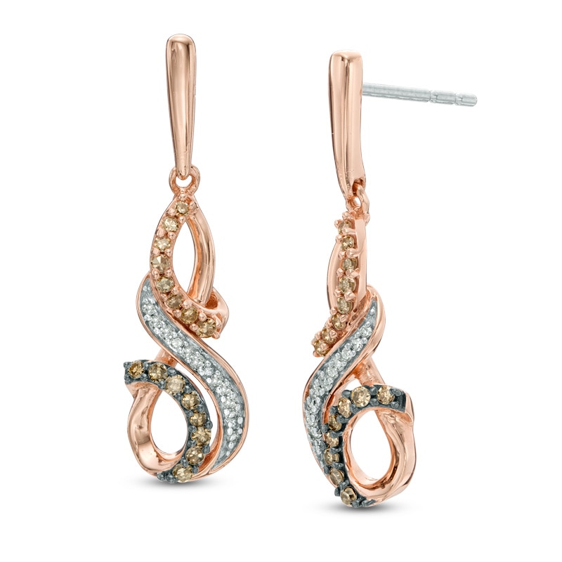 Main Image 1 of 1/4 CT. T.W. Champagne and White Diamond Looping Drop Earrings in 10K Rose Gold