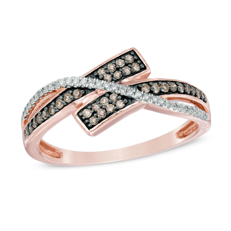 Main Image 1 of 1/4 CT. T.W. Champagne and White Diamond Bypass Ring in 10K Rose Gold