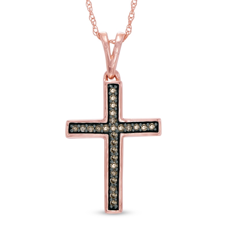Main Image 1 of 1/10 CT. T.W. Champagne Diamond Cross Pendant in 10K Rose Gold