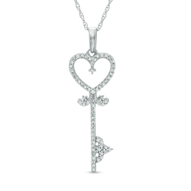 18K White Gold Diamond Heart Lock Pendant and Key Necklace