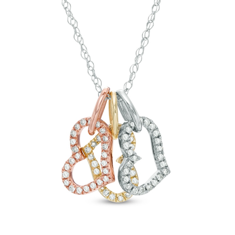 Main Image 1 of 1/10 CT. T.W. Diamond Tilted Triple Heart Pendant in 10K Tri-Tone Gold