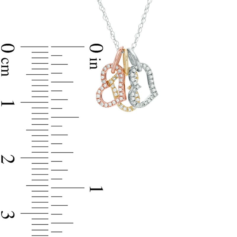 Main Image 2 of 1/10 CT. T.W. Diamond Tilted Triple Heart Pendant in 10K Tri-Tone Gold
