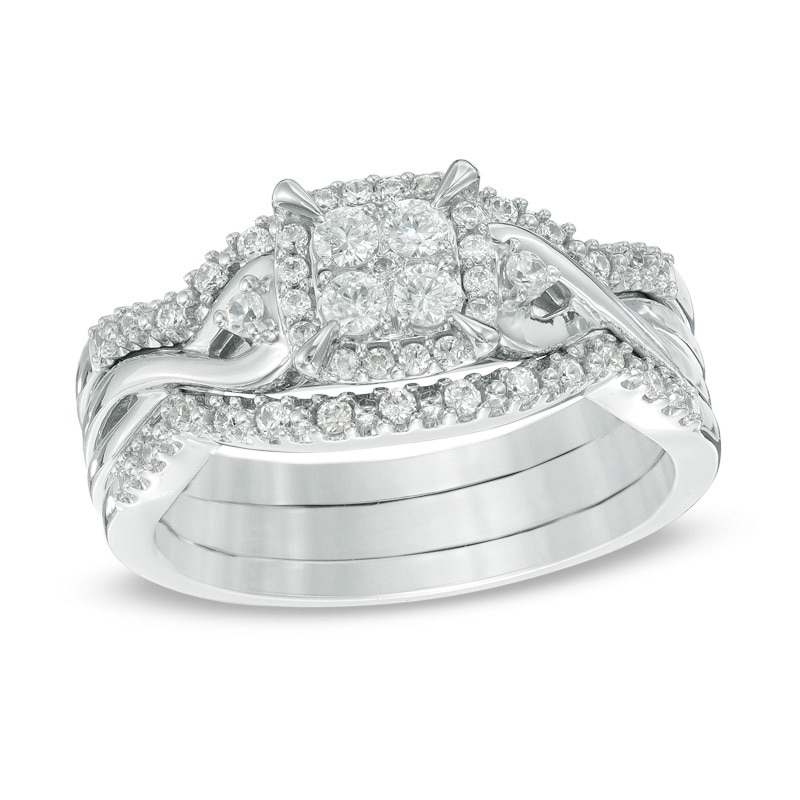 Main Image 1 of 3/8 CT. T.W. Diamond Cluster Frame Three Piece Bridal Set in 10K White Gold