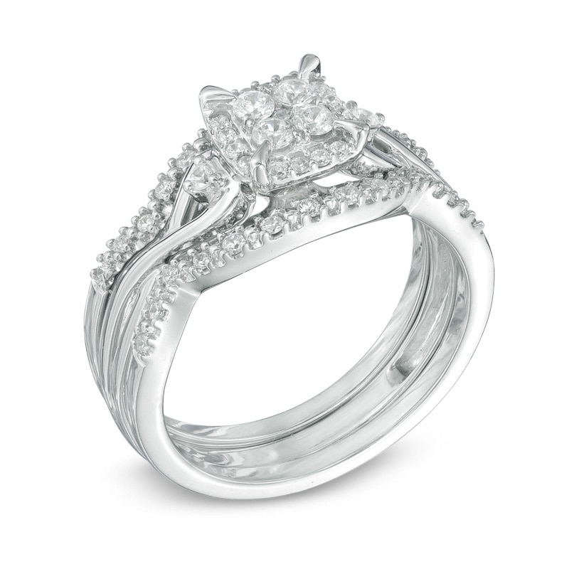 Main Image 2 of 3/8 CT. T.W. Diamond Cluster Frame Three Piece Bridal Set in 10K White Gold