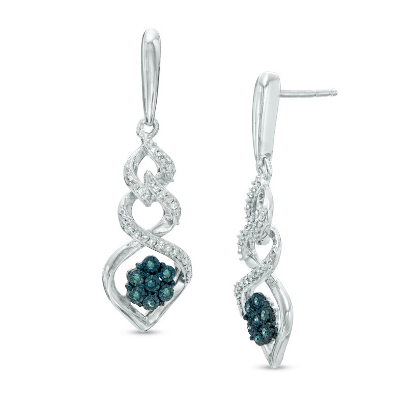 1/10 CT. T.W. Enhanced Blue and White Diamond Cluster Twist Drop Earrings in Sterling Silver