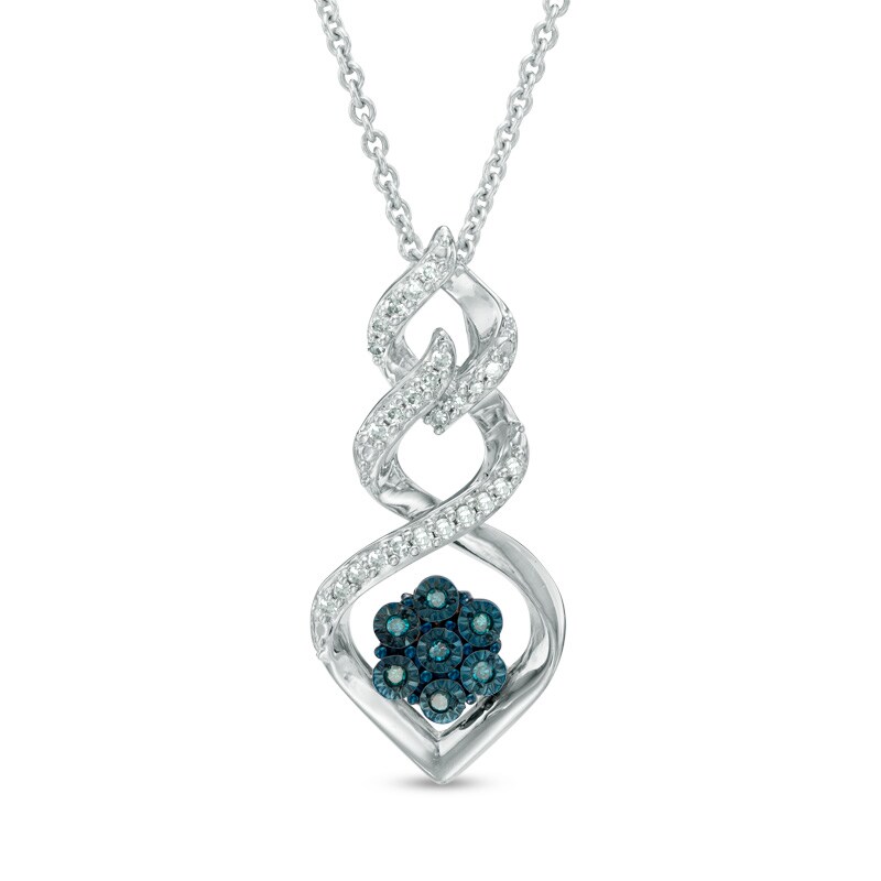 Main Image 1 of 1/10 CT. T.W. Enhanced Blue and White Diamond Twist Cluster Pendant in Sterling Silver