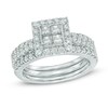 Thumbnail Image 0 of 1-1/2 CT. T.W. Princess-Cut Quad Diamond Frame Three Piece Bridal Set in 14K White Gold