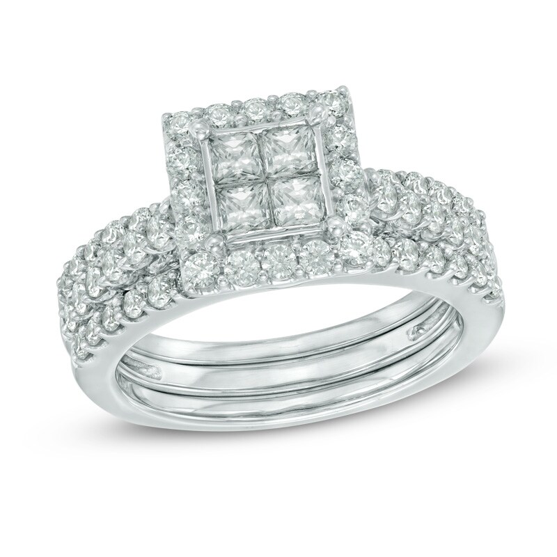 1-1/2 CT. T.W. Princess-Cut Quad Diamond Frame Three Piece Bridal Set in 14K White Gold